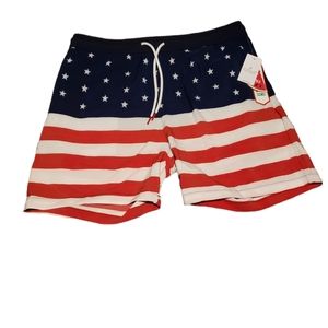 Public Record red, white, and blue American flag stars and stripes swim trunks